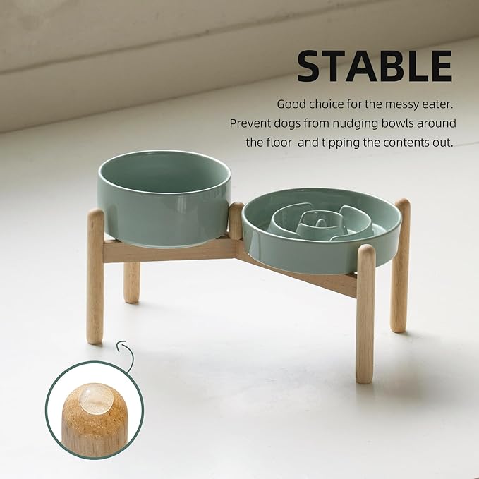Ceramic Raised Slow Feeder Dog Bowl Set, Elevated 6.1inch Bowl and 7.3inch Puzzle Slow Food Dish with Wooden Stand for Small and Medium Dog, Anti-Gulping (2X Light Green+ Stand)