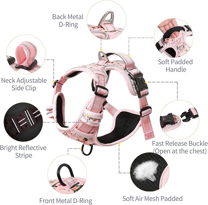 HEELE Dog Harness, No Pull Adjustable Padded Reflective Harness for Small Medium Large Dogs with Handle for Walking Training, Flower-Pink, M