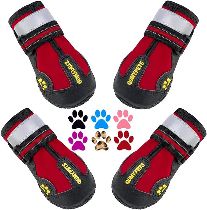 QUMY Dog Shoes for Large Dogs, Medium Dog Boots & Paw Protectors for Winter Snowy Day, Summer Hot Pavement, Waterproof in Rainy Weather, Outdoor Walking, Indoor Hardfloors Anti Slip Sole Red Size 2