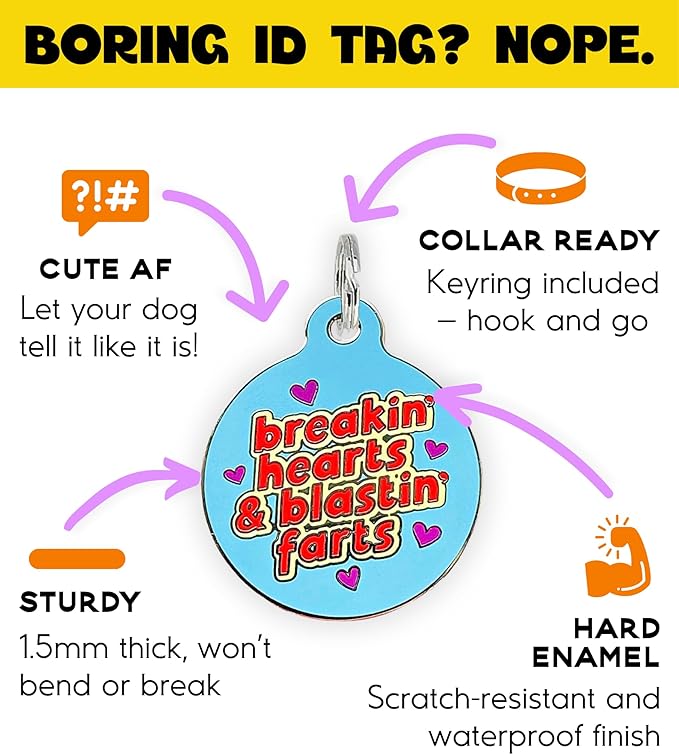 Personalized QR Code Dog Tags - Choose from 25+ Tag Designs - QR Code Links to Your Profile - Unique, Cute, Funny, Sassy Pet ID Tag (Breakin' Hearts & Blastin' Farts, Large (1.25 inch))