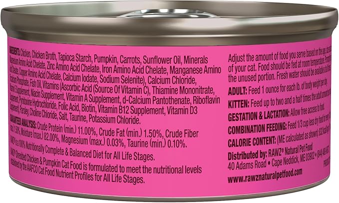 Rawz Natural Premium Shredded Canned Cat Wet Food - Grain Free Made with Real Meat Ingredients No BPA or Gums - 3oz Cans - 18 Count (Chicken & Pumpkin)