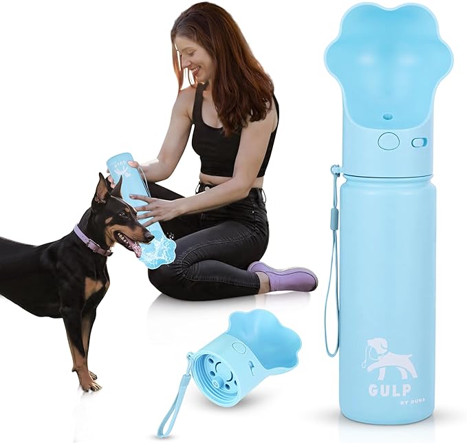 Gulp by Duna 18oz Travel Dog Water Bottle with Paw-Shaped Bowl, Insulated Stainless Steel | Leakproof Portable with Carry Strap for Outdoor Walking, Hiking & Pet Hydration On-The-Go | Blue
