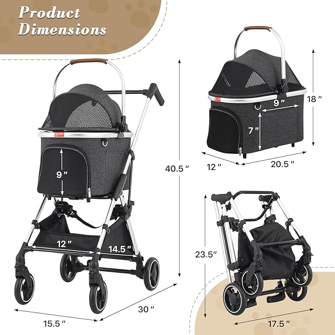 Athena collection Dog Stroller for Small/Medium Dogs,Foldable Pet Stroller with Detachable Carrier,Lightweight Cat Stroller up to 33lbs(Dark Gray)