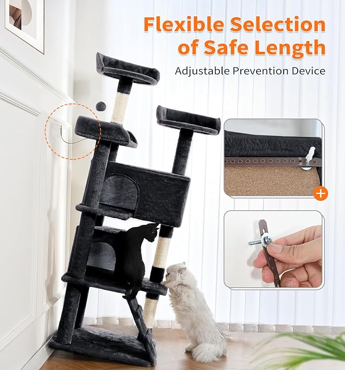 Made4Pets Cat Tree Tower 56" Cat Tower for Indoor Cats Kitten Tree Multi-Level Cat Tree with 2 Condo Furniture Activity Center with Scratching Posts Funny Toys (Black)