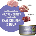 Tiki Cat Silver Comfort Mousse + Shreds, Chicken & Duck and Duck Liver, Immune System Support Formulated for Older Cats Aged 11+, Senior Wet Cat Food, 2.4 oz Cans (Pack of 12)