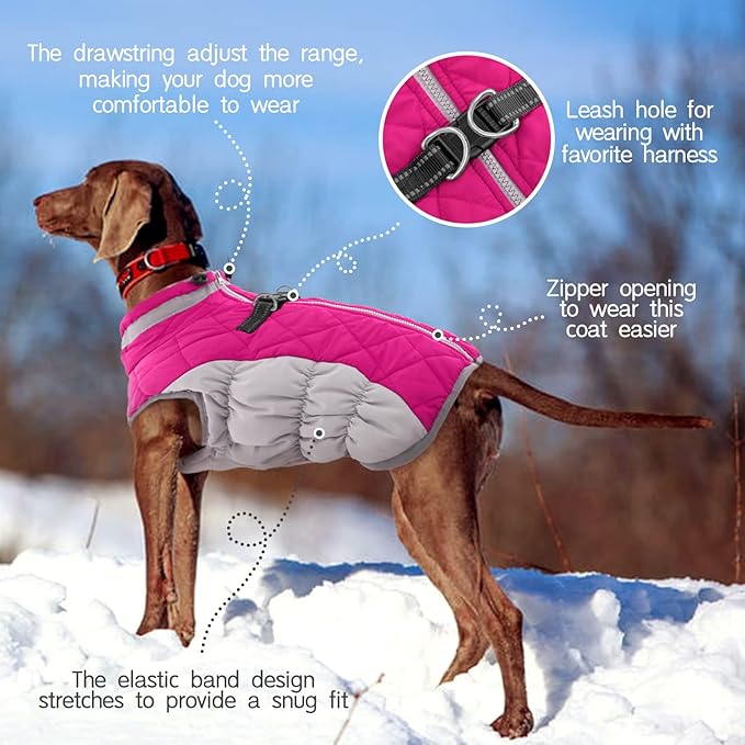 FUAMEY Dog Coat for Large Dogs,Waterproof Dog Winter Jacket with Harness Built in Puppy Cold Weather Coats Reflective Pet Vest with Zipper Warm Fleece Dogs Snowsuit Windproof Pink L