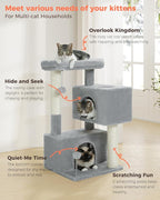 32" Cat Tree Tower for Indoor Cats - 2 Cozy Condos, Multi-Level Cat Scratching Posts with Sisal, Soft Padded Perch, 2 Dangling Toys, Light Grey