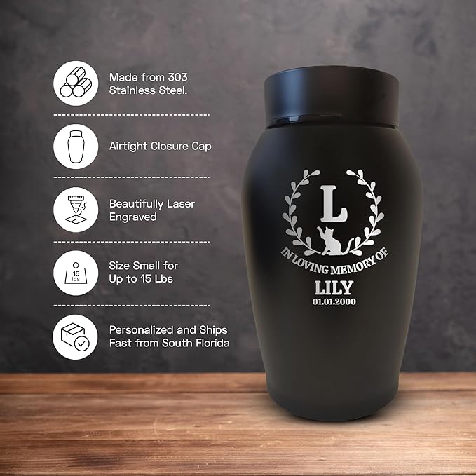 Personalized Custom Small Keepsake Urn Engraved with Pet Name, Date and Cat Design - 5.2" Black Powder Coated Steel Cremation Urn for Cat Ashes | 12-16 lb Capacity, Monogram with Arch Leaves Border