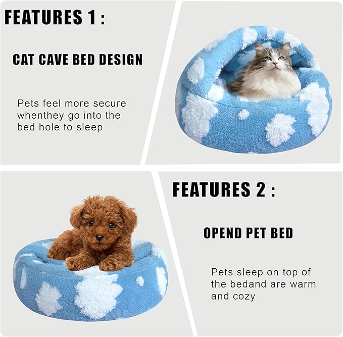HYQ Cat Beds for Indoor Cats, Small Dog Bed with Cover Cave, Cozy Cat Cave Bed, Round Puppy Bed with Hooded Cover, Dog Beds for Small Dogs with Anti-Slip Bottom(Blue, 24×24 Inch)