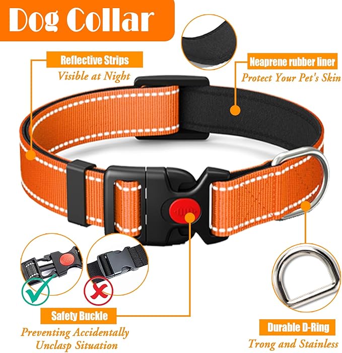 No Pull Dog Harness, Collar & Leash Set | Includes Dog Seat Belt, Collapsible Bowls & Poop Bag Dispenser. Ideal for Training, Walking, Hiking. Fits Small to Large Dogs(Orange-XL)