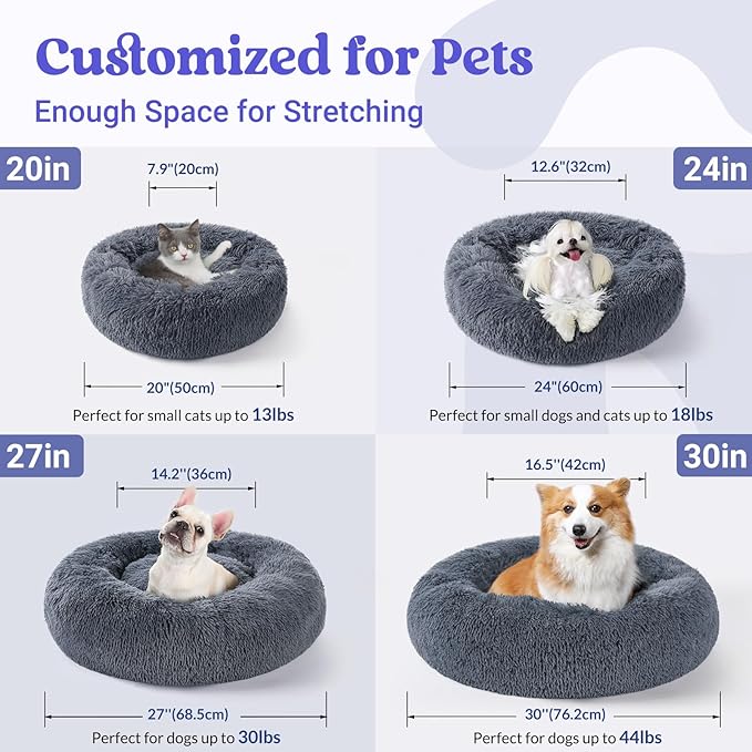 rabbitgoo Dog Bed for Small Dogs, 24 inches Washable Small Dog Bed, Fluffy Donut Dog Bed Anti-Slip, Calming Soft Plush Round Pet Bed for Dogs, Fits up to 18 lbs Pets, Dark Grey