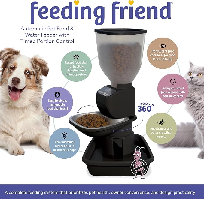 Automatic Dog & Cat Food Feeder with Water Dispenser – Smart Pet Feeder with Portion Control, OLED Display, Anti Jam Design, Battery Operated Dispenser for Medium/Large Pets - Black