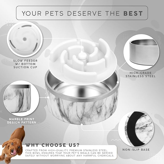 32 Oz Dog Bowl with Slow Feeder Insert Stainless Steel Pet Water Bowl for Medium & Large Breed Non Slip Rubber Base & Plastic Puzzle Feeder - White Marble