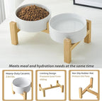 Elevated Ceramic Dog Bowl Set - Raised Dog Bowls with Non Slip Bamboo Stand, Food and Water Bowl Set for Kitty, Cats and Toy Breed Dogs, Pet Bowls, Weighted Dogs Dishes (5.1'', 2*16OZ, White)