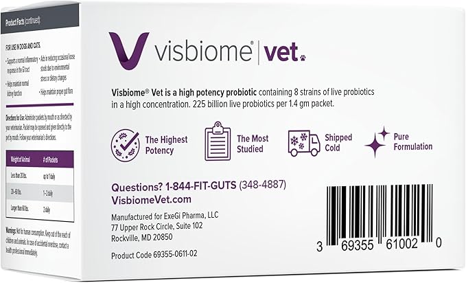 Visbiome® Vet Advanced GI Care High Potency Probiotic for Dogs & Cats – 225B CFU, 8-Strain Formula – Refrigerated, Veterinarian Recommended, Clean Label Certified – 90 Packets