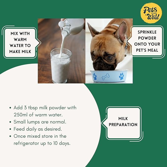 Pets Gone Wild Goat Milk Powder, Non-GMO, Picky Eater Friendly, Liquid Gold High Protein Supplement for Gut Health, Immunity & Hydration Ideal as Milk or Food Topper, Made in Canada