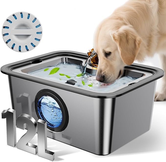 Dog Water Fountain for Large Dogs, 12L Stainless Steel 304 Pet Water Fountain, Cat Drinking Dispenser, Size:13.5 * 10.6 * 7inches, Smart Quiet Pump and Easy to Clean