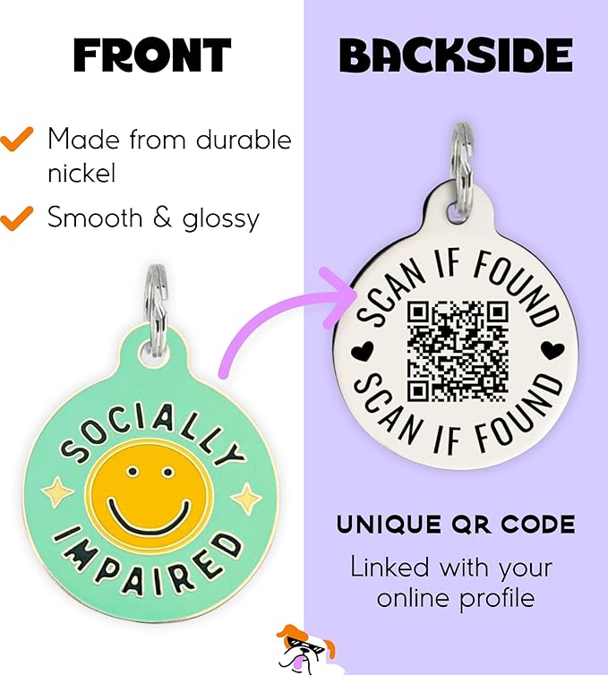 Personalized QR Code Dog Tags - Choose from 25+ Tag Designs - QR Code Links to Your Profile - Unique, Cute, Funny, Sassy Pet ID Tag (Socially Impaired, Large (1.25 inch))