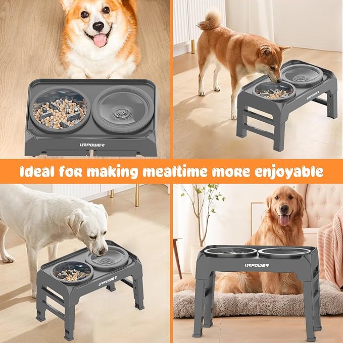 URPOWER 2-in-1 Elevated Dog Bowls Mess Proof Slow Feeder with No Spill Water Bowl 4 Height Adjustable Raised Dog Bowl Non-Slip Food and Water Bowls Set for Small Medium Large Dogs