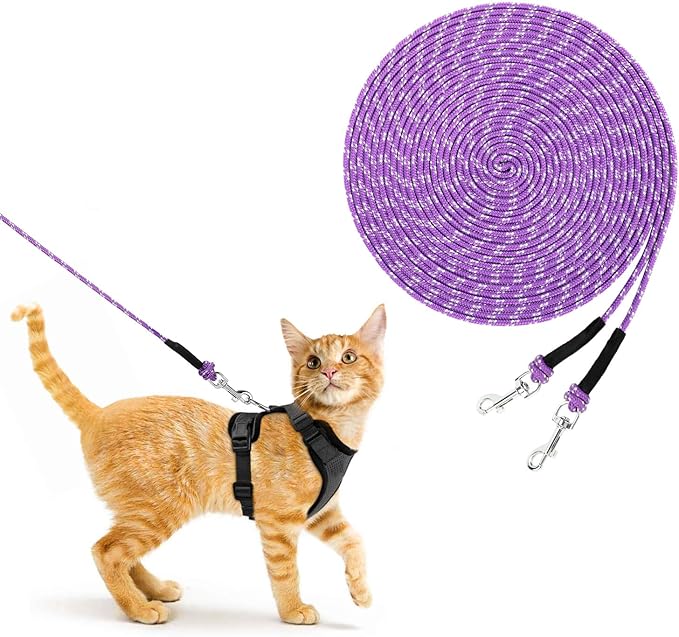 Rypet Reflective Cat Long Leash - 50 FT Escape Proof Walking Leads Yard Long Leash Durable Safe Personalized Extender Leash Traning Play Outdoor for Kitten, Puppy, Rabbit and Small Animals(Purple-L)