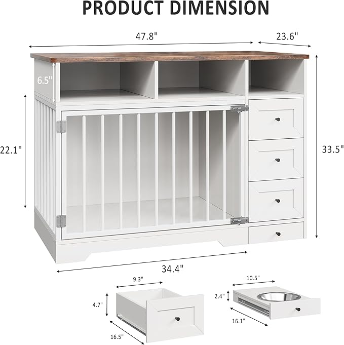 48'' Dog Crate Furniture, Farmhouse Heavy Duty Dog Kennel with Bowl & Storage Drawers, Medium Dog Cage End Table for Small Medium Dogs, White