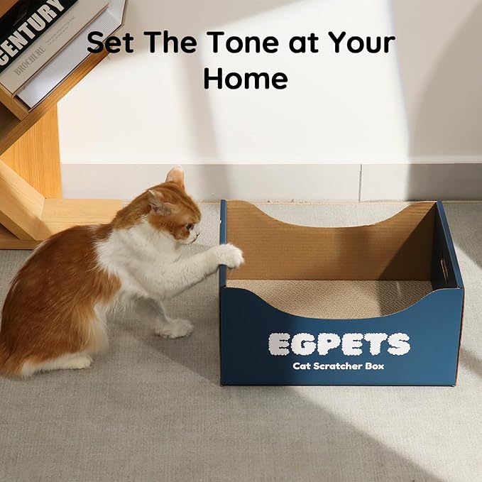 Cardboard Cat Scratcher Box for Indoor Cats with 3Pcs Extra-Large Scratching Board, Refillable and Sturdy, Ideal for Hiding, Scratching and Sleeping, Easy to Clean and Assemble, Blue