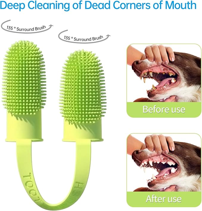Finger Toothbrush 2 Pack - 135 Surround Bristles for Dog Teeth Cleaning, Pet Dental Care for Puppies, Cats and Small Dogs (Pink and Green)