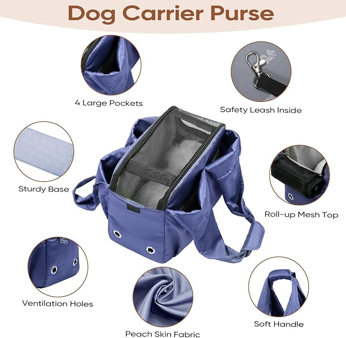 Dog Purse Carrier for Small Dogs, Cats, and Puppies – Soft-Sided Travel Pet Tote Bag with 4 Large Pockets, Foldable, Lightweight, Fits Pets up to 15 lbs, for Travel, Vet, Outings (Dark Blue)