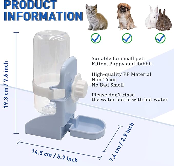 Rabbit Water Bottle Suspension Water Dispenser for Mini Pet Bunny Guinea Pig Chinchilla, 500ml Automatic Water Bottle by Gravity Flow Supply, Prevent Overflow, BPA Free (Blue)