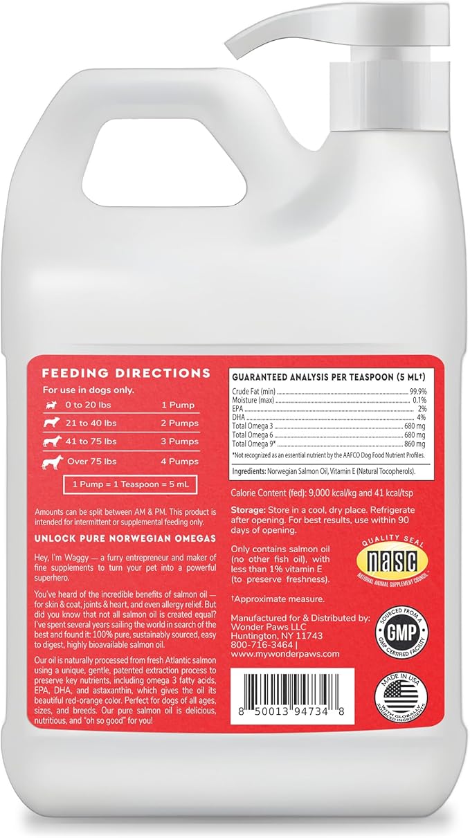 Premium Salmon Oil for Dogs– Pure Norwegian Salmon Oil High in Omega 3 EPA & DHA -Powerful Fish Oil for Dogs Skin & Coat, Hip & Joints, Allergies & Itchy Skin – Omega 3 Fish Oil for Dogs-128oz Liquid