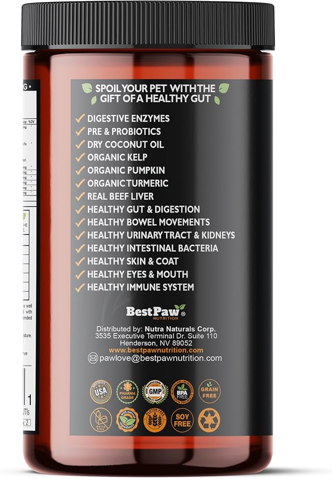 Dog & Cat Premium Probiotic Prebiotic & Digestive Enzymes 5 Billion CFU Organic Turmeric Coconut Oil Pure Pumpkin & Kelp for Healthy Bowels Gut & UTIs Beef Liver Flavor