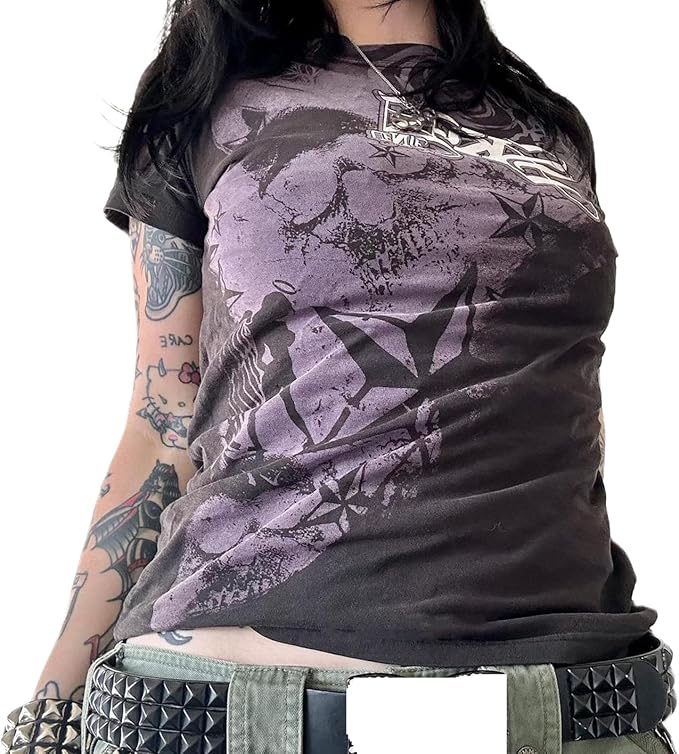 Gothic Tees for Women Y2K Grunge Graphic Short Sleeve Crew Neck T-Shirts 90s Vintage Aesthetic Emo Clothes