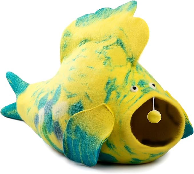 Luxurious Eco-Friendly Merino Wool Cat Cave Bed Fish Design - Foldable Hideaway Pod for Indoor Cats - Premium Felt Kitten Beds - Covered Cat House for Ultimate Cozy Comfort by Woolygon