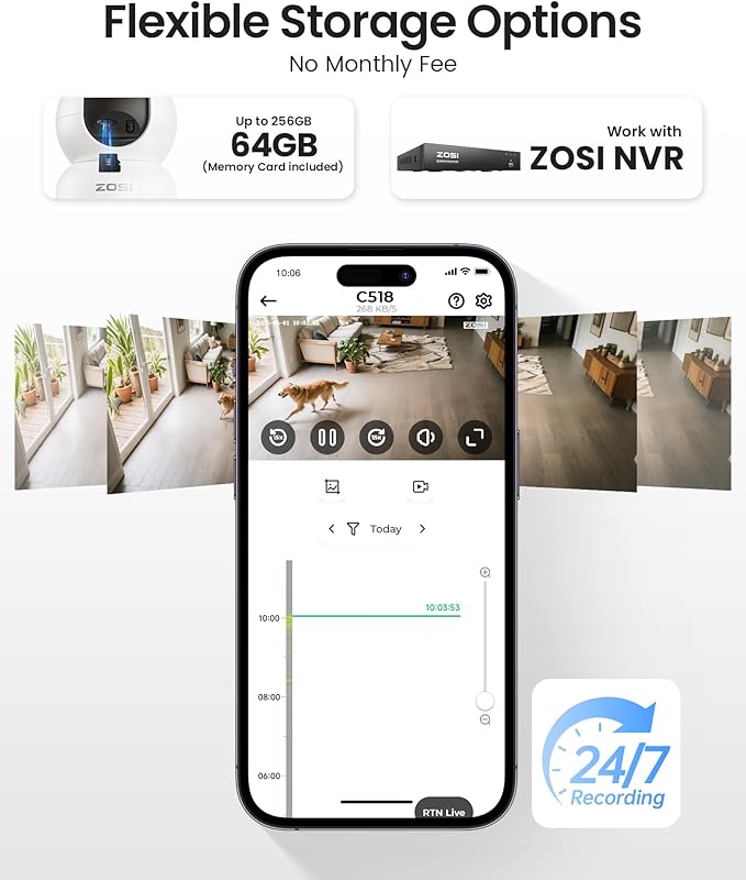 ZOSI 4K Indoor Security Camera, C518 WiFi Pan/Tilt Pet/Dog/Baby Plug-in IP Camera, Auto Tracking, AI Human/Face/Pet Detection, 360° View, Night Vision, 2-Way Audio, 5GHz/2.4GHz WiFi, 64G Memory Card
