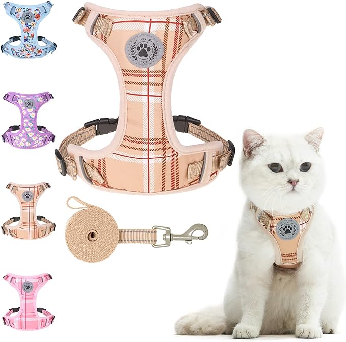 BEAUTYZOO Cat Harness and Leash Set for Walking Escape Proof, Neck Release Adjustable Harness for Kitten Puppy Small Medium Large Cats, Soft Cute Easy Control Small Cat Harness for Cats Boy and Girls