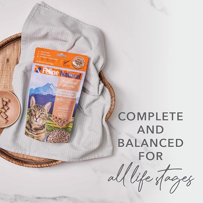 Feline Natural High Protein Dry Cat Food, Freeze-Dried Diet with 98% Meat, Organs & Seafood, No Peas, Grains, or Artificial Additives, Made in New Zealand, Lamb & King Salmon + Beef & Hoki, 11oz