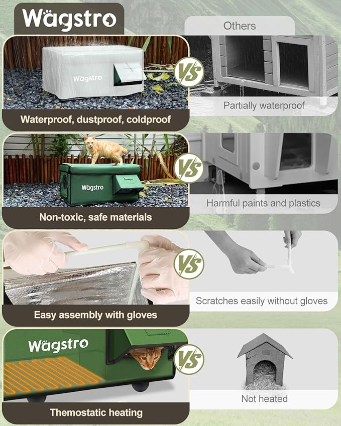 Heated Cat House for Outside, Waterproof Awning & Escape Door Heated Cat Houses for Indoor/Outdoor Cats in Winter, Elevated & Insulated Outdoor Cat Shelter for Feral Cat(Green, 16.5"x12.6"x12.6")