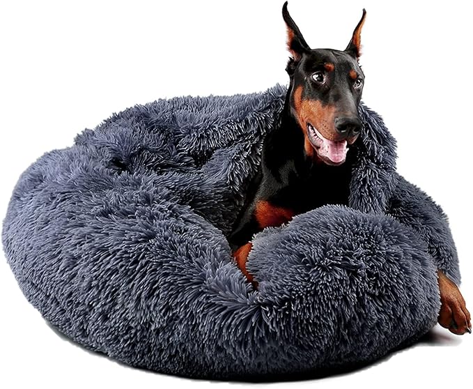 Himax Dog Beds for Large Dogs, Donut Dog Bed with Blanket Attached, Calming Dogs Beds Washable (20"/26"/35") Grey