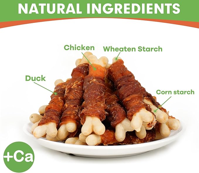 MON2SUN Double Flavor Dog Treats, 4 Inch Chicken and Duck Wrapped Calcium Bones, Rawhide Free Chews for Small Dogs, Teeth Cleaning Bones, 21.16oz (30 Count-Pack of 1)