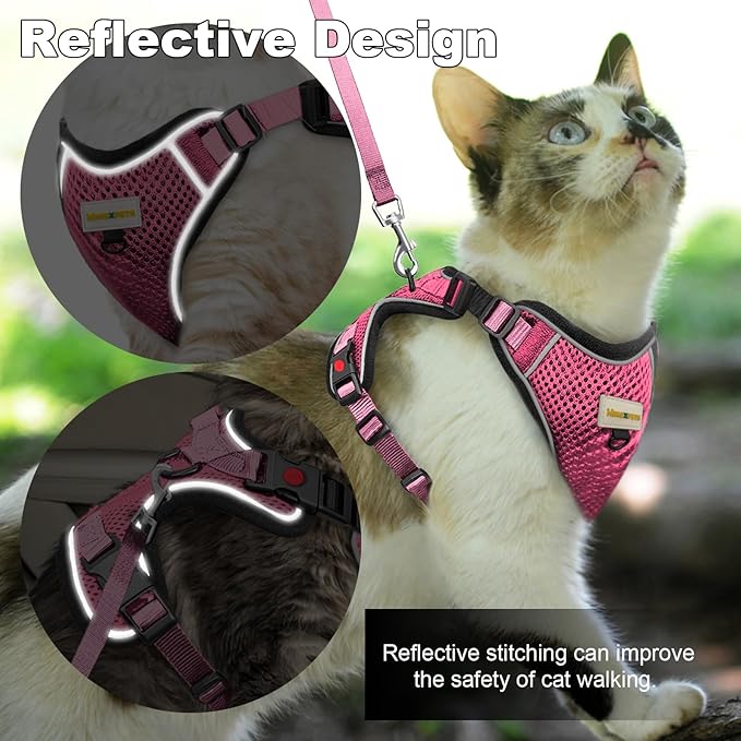 Cat Harness and Leash for Walking, Retractable Cat Harnesses and Leash Set Escape Proof, Breathable Soft Kitten Small Large Harness for Travel Training and Walking, Pink, M