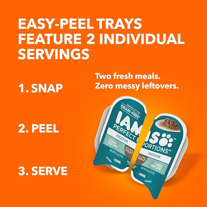 IAMS Perfect Portions Indoor Adult Wet Cat Food Cuts in Gravy, Tuna Recipe, 2.6 oz. Easy Peel Twin-Pack Trays (24 Count, 48 Servings)