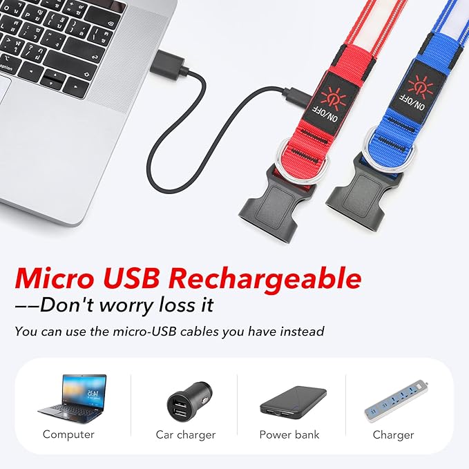 Visinite Light Up Dog Collar, Reflective LED Dog Collar, Adjustable Lighted Dog Collars Rechargeable Waterproof, Bright Dog Glow Collar for Pet Safety at Night Walking, Fit Large Medium Dogs