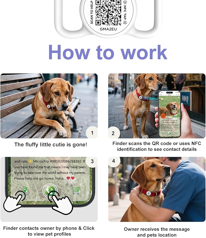 QR Code Dog Tag with NFC, Personalized Pet ID Tag, Silent Silicone Dog Tag, Modifiable Pet Online Profile, Multiple Emergency Contact, Scan QR Code Send GPS Location Email (Regular, White)