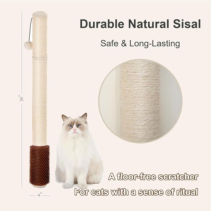 34" Extra-Tall Wall Mounted Cat Scratcher – Vertical Sisal Rope Scratching Post for Large Cats, Space-Saving Cat Wall Climber with Self-Grooming Brush & Hanging Ball, Modern Beige