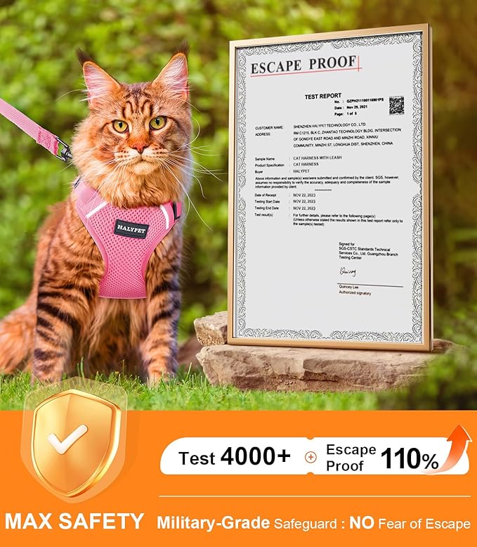 Halypet Cat Harness and Leash Set [ MAX Safety Third Generation ] Escape Proof Soft Adjustable Cat Leash Breathable Comfortable Vest Easy to Wear Kitten Harness for Outdoor Walking Pink Small
