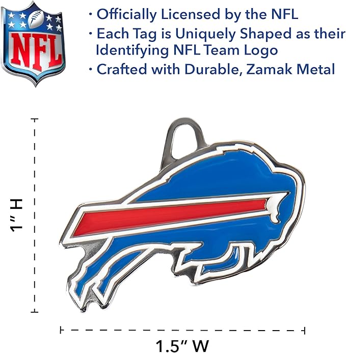 NFL Buffalo Bills Engraving Pet ID Tags in 32 Team Logo Shapes Personalized Dog Tags and Cat Tags with 3 Lines of Customizable Text for Tracking & Safety. Stainless Steel Pet ID Tracking Tags