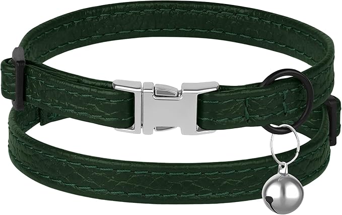 Leather Cat Collar with Buckle and Removable Bell - Non Breakaway Adjustable Soft Safety Small Pet Collars for Girl Boy Cats Kitten (Green)