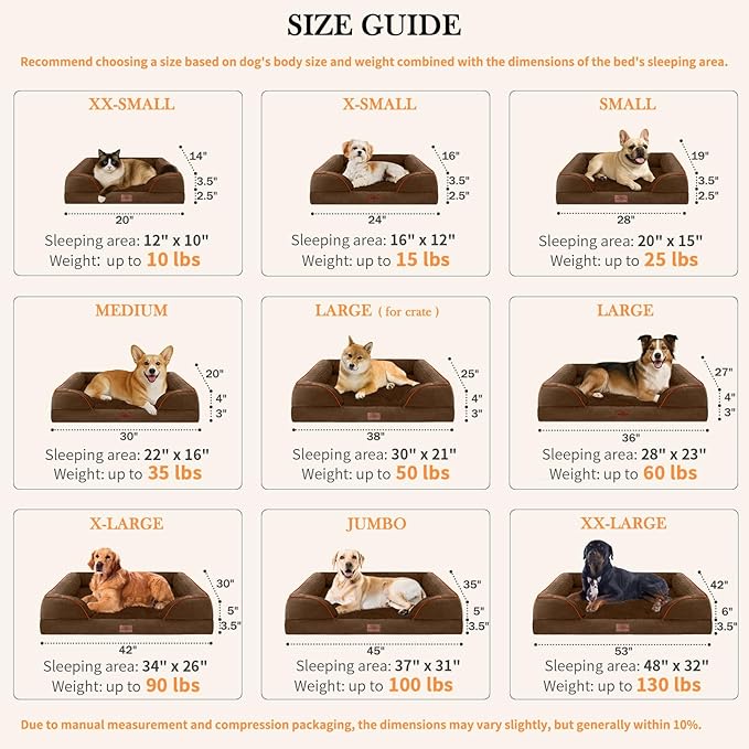 Comfort Expression XL Orthopedic Dog Beds for Extra Large Dogs, Waterproof Dog Bed with Bolster, Washable Dogs Bed Sofa Pet Beds with Removable Cover & Non-Slip Bottom(X-Large,Chocolate Brown)