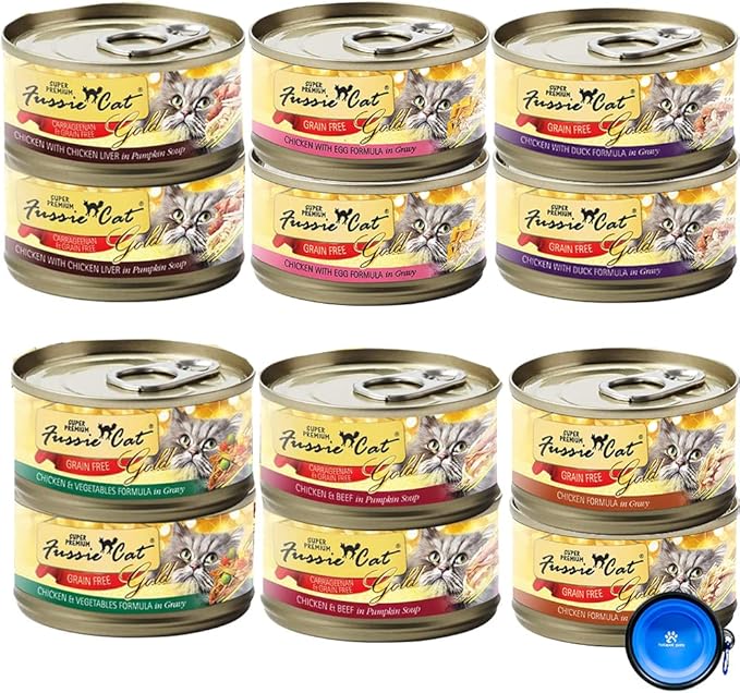Fussie Cat Super Premium Canned Cat Wet Food - 12 Pack Cans Variety Bundle Pack W/HS Pet Food Bowl - (6 Flavors