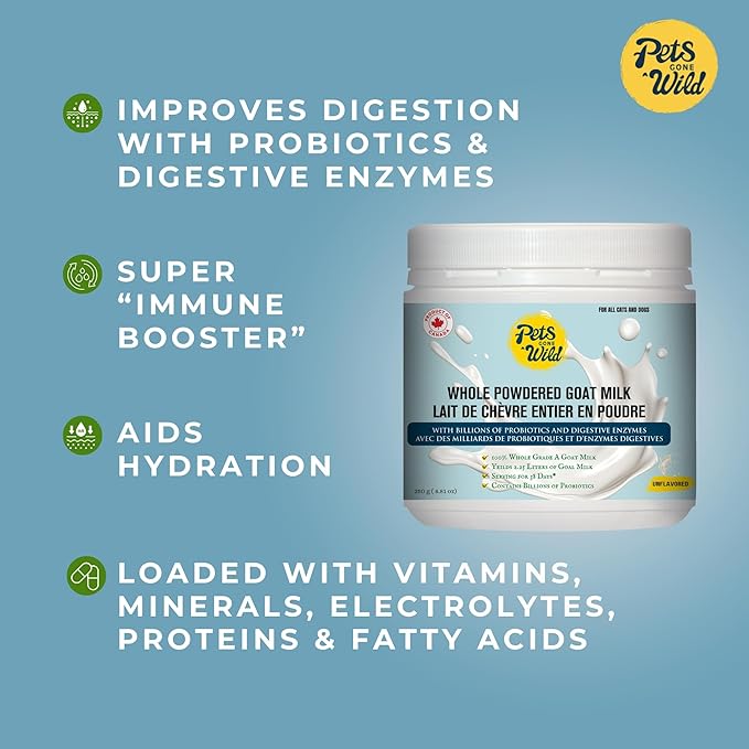 Pets Gone Wild Goat Milk Powder, Non-GMO, Picky Eater Friendly, Liquid Gold High Protein Supplement for Gut Health, Immunity & Hydration Ideal as Milk or Food Topper, Made in Canada